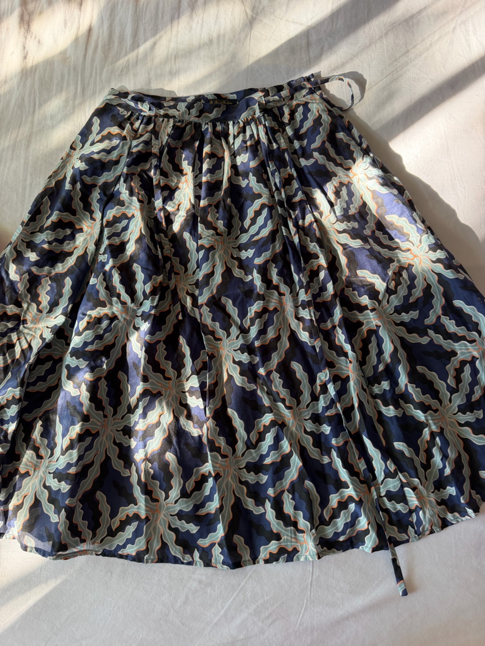 Brooks Brothers Navy Floral Print Silk Skirt with Cream & Orange Accents